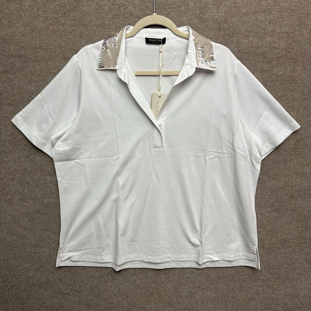 Margittes White Polo Embellished Knit Collar Cucinelli Style 48 EU 18-20 US 2XL